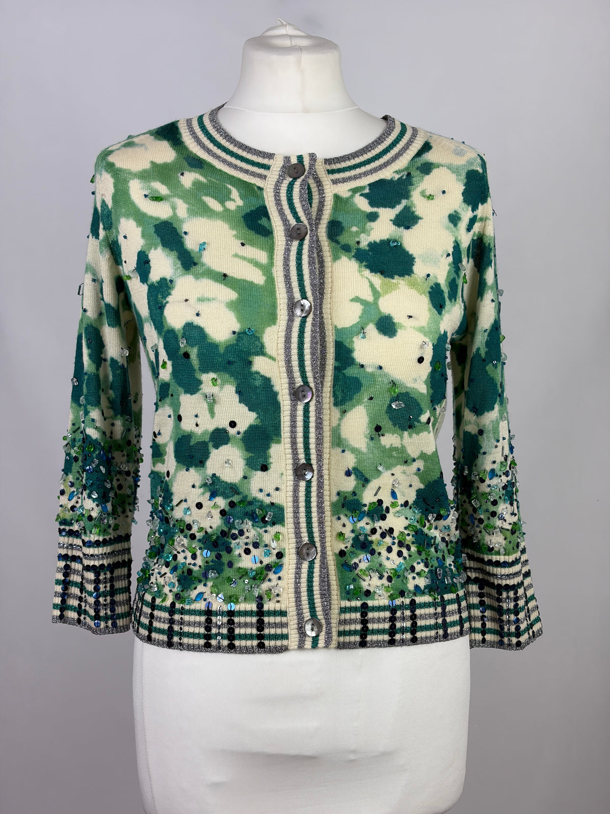 Diane von Furstenberg Floral Embellished Green Cardigan - L