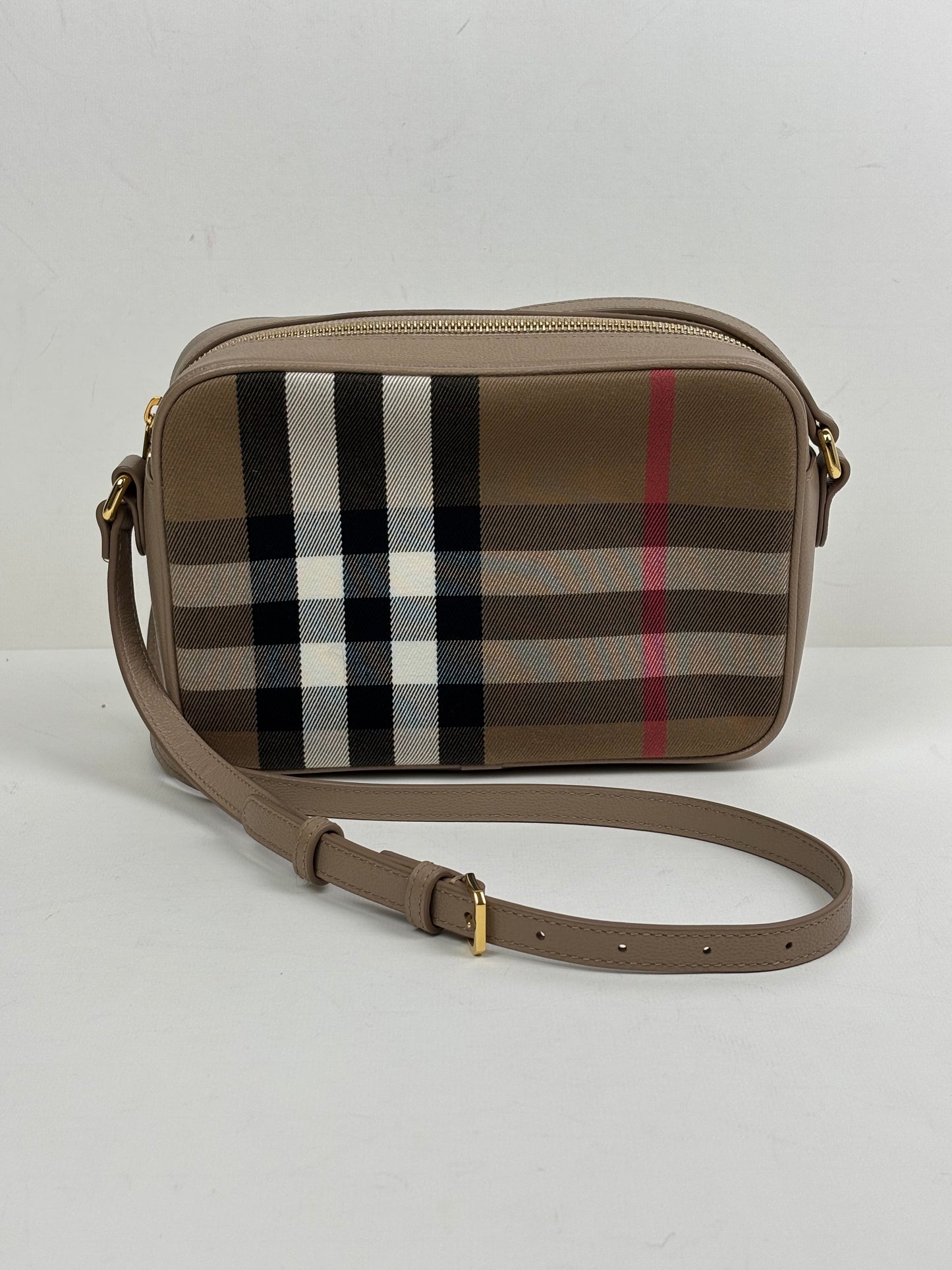 Burberry Check Camera Bag in Chestnut Beige Leather and Canvas
