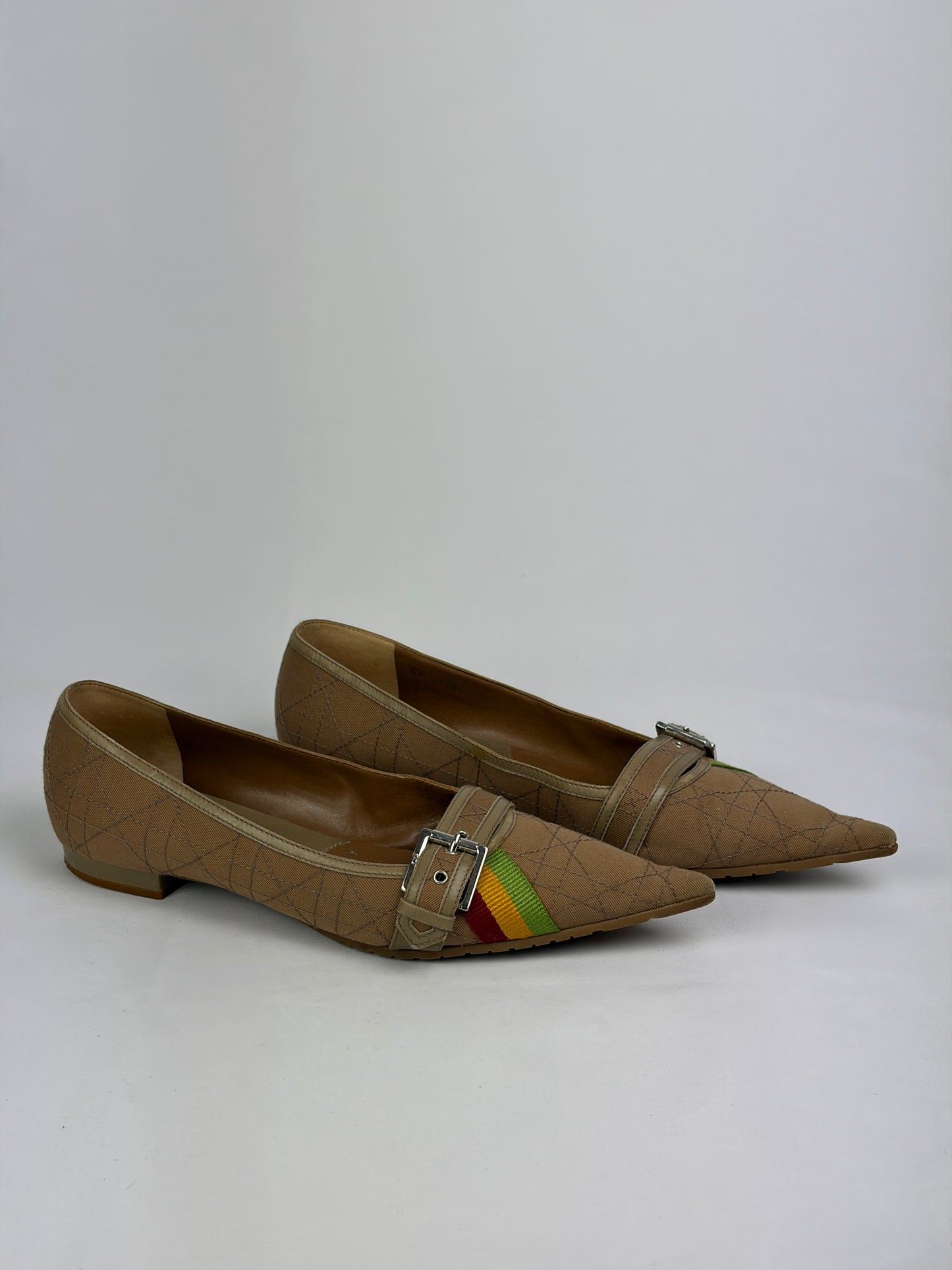 Dior Cannage Beige Pointed Flats with Buckle & Striped Detail - 6 UK