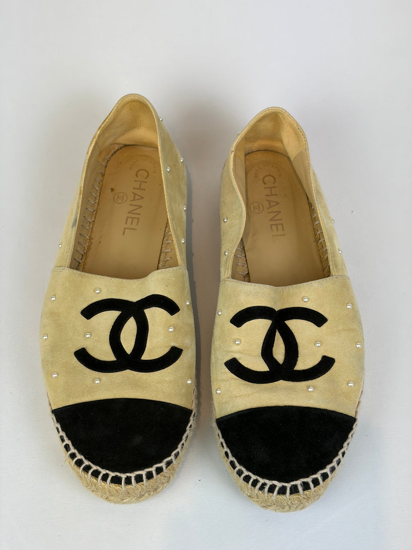 Chanel Beige Suede Pearl Embellished CC Espadrilles - 6 UK