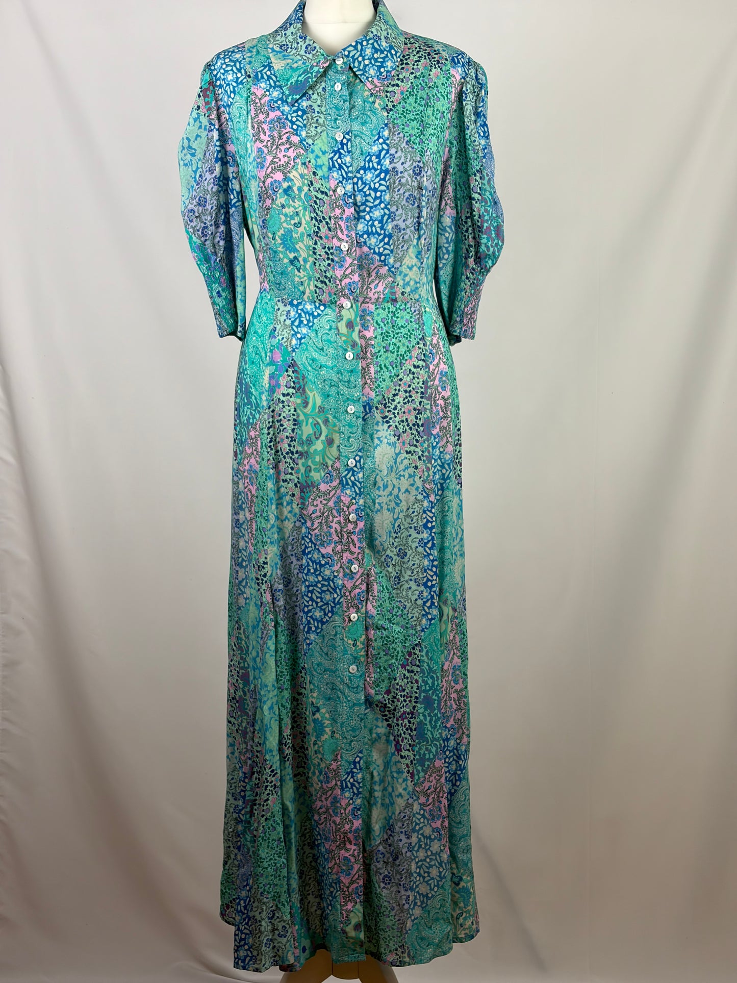RIXO Blue and White Patchwork Floral Silk Shirt Dress - 16 UK