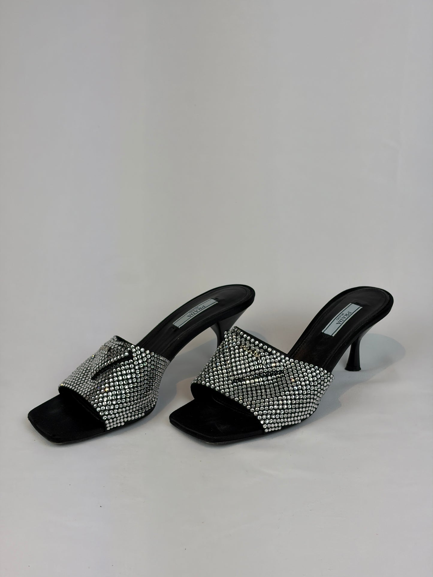 Prada Black Satin Crystal Embellished Kitten Heel Mules - Size 5 UK