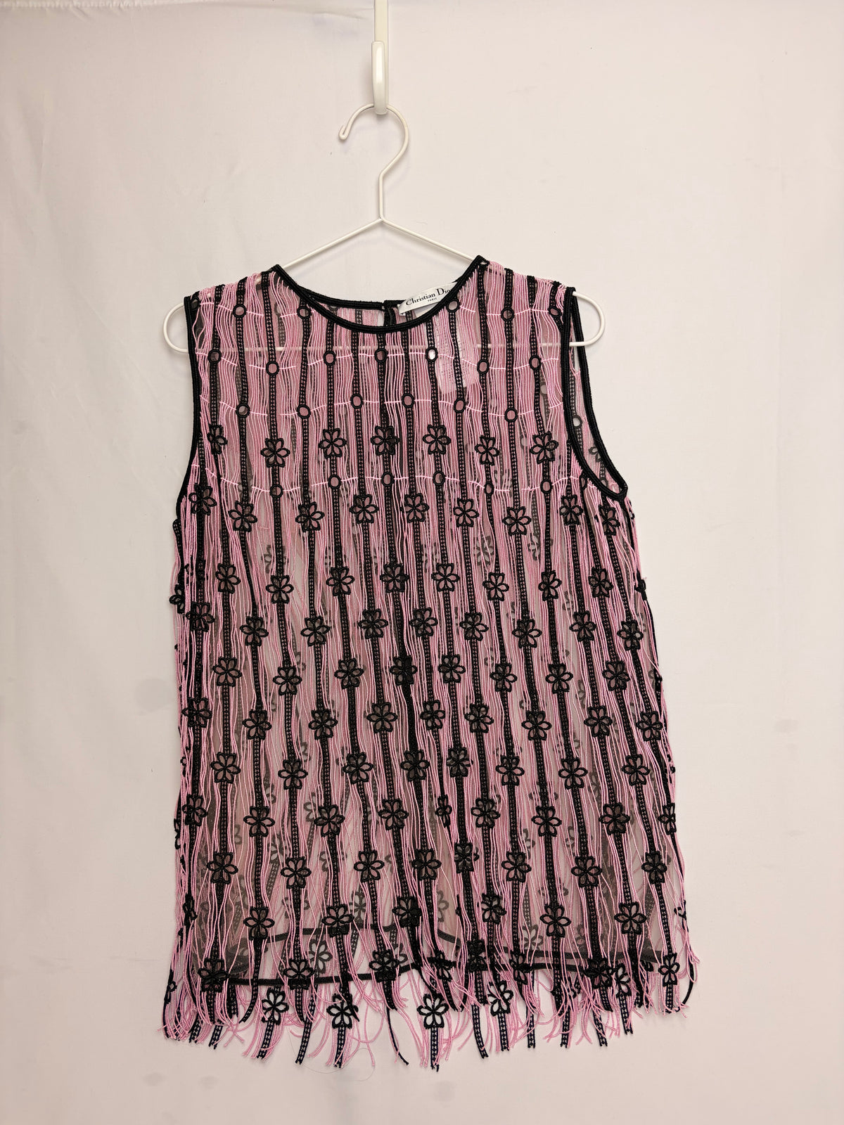 Christian Dior Pink and Black Striped Floral Embroidered Lace Top - UK 12