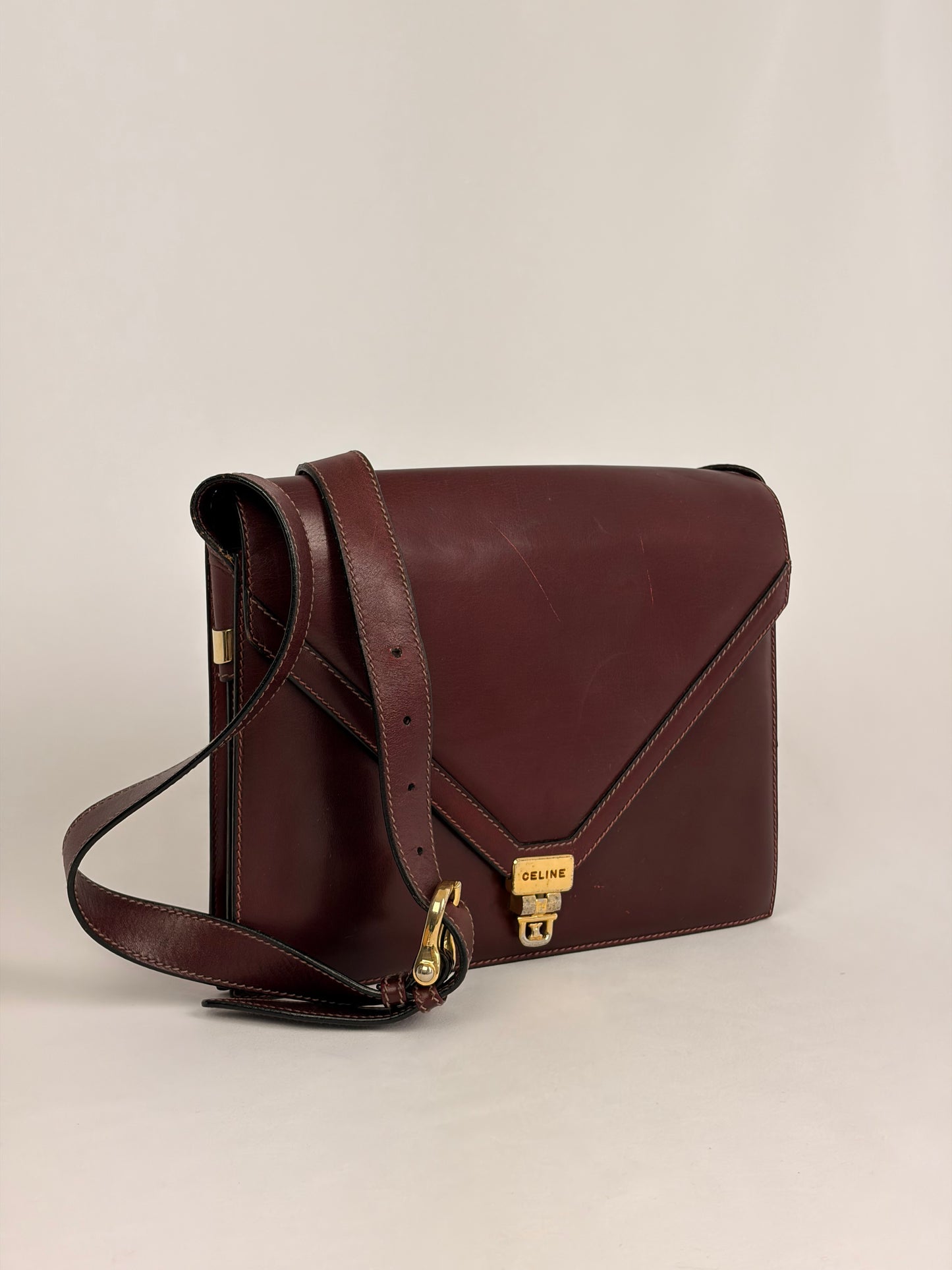 Celine Vintage Burgundy Leather Envelope Shoulder Bag