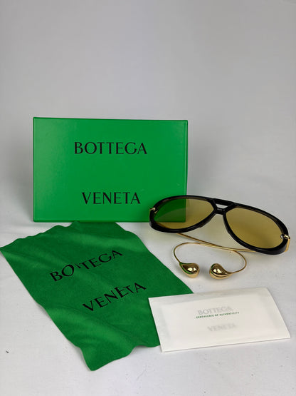 Bottega Veneta Aviator Sunglasses in Black and Gold with Yellow Lenses
