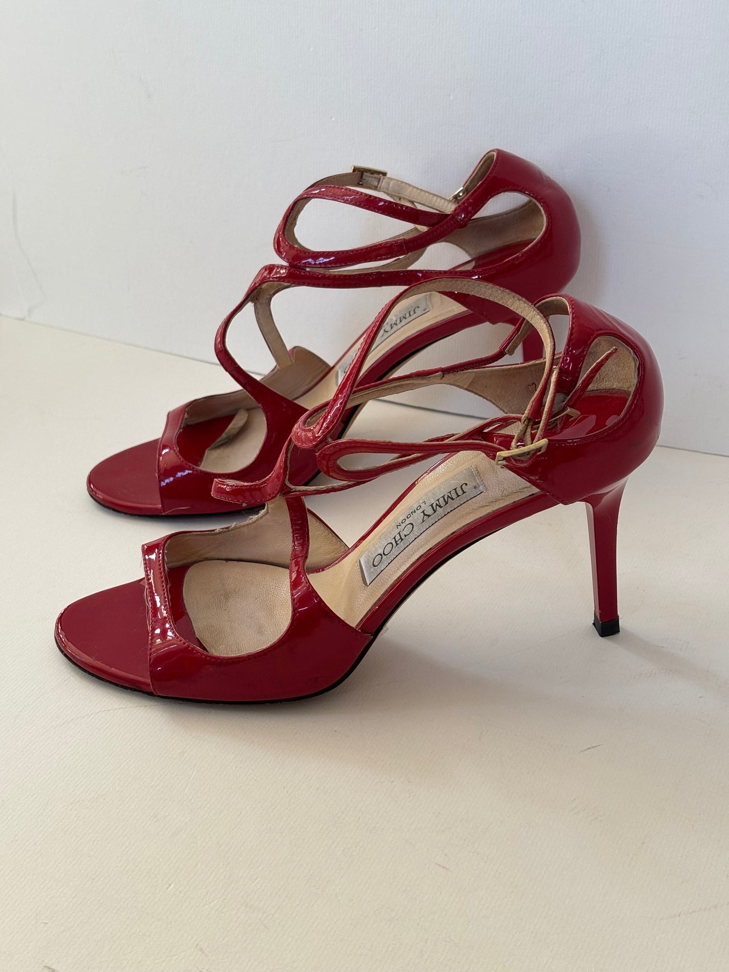 Jimmy Choo Lancer Patent Leather Strappy Sandals in Red - 5 UK