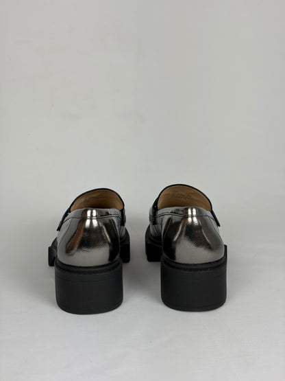 Coach Metallic Silver Leather C Hardware Loafers - 4.5 UK