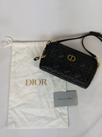 Christian Dior Black Cannage Leather Caro Double Pouch Crossbody Bag