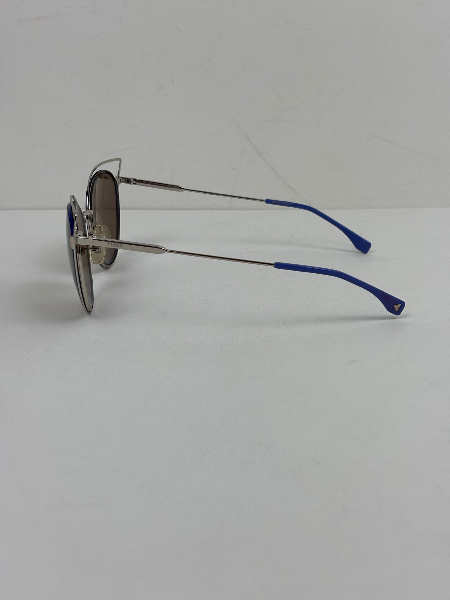 Fendi Eyeshine Round Metal Sunglasses with Blue Cat-Eye Frame Detail