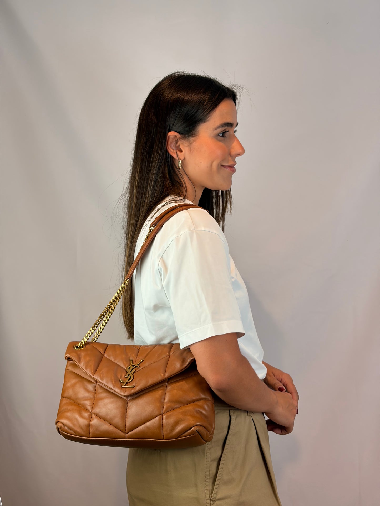 Saint Laurent Loulou puffer camel small bag