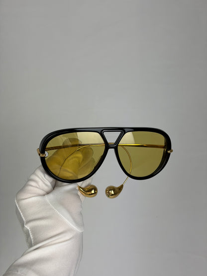 Bottega Veneta Aviator Sunglasses in Black and Gold with Yellow Lenses