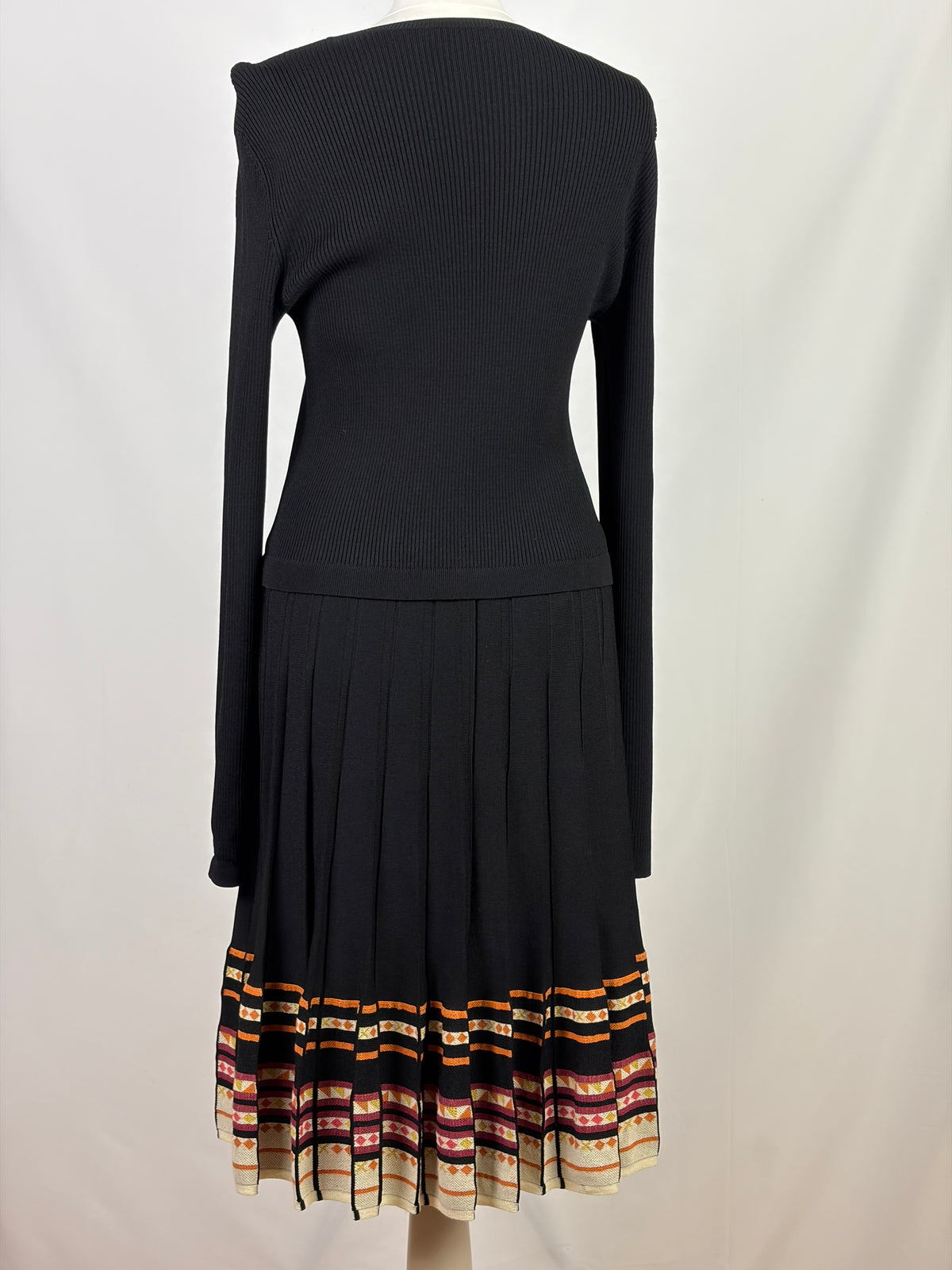Red Valentino Black Knit Dress with Pleated Patterned Hem - XL