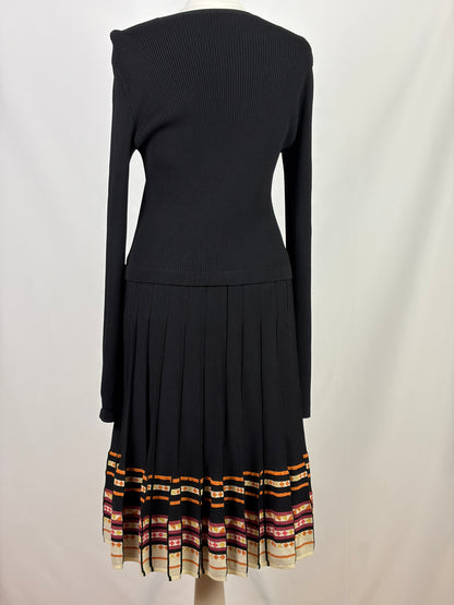 Red Valentino Black Knit Dress with Pleated Patterned Hem - XL
