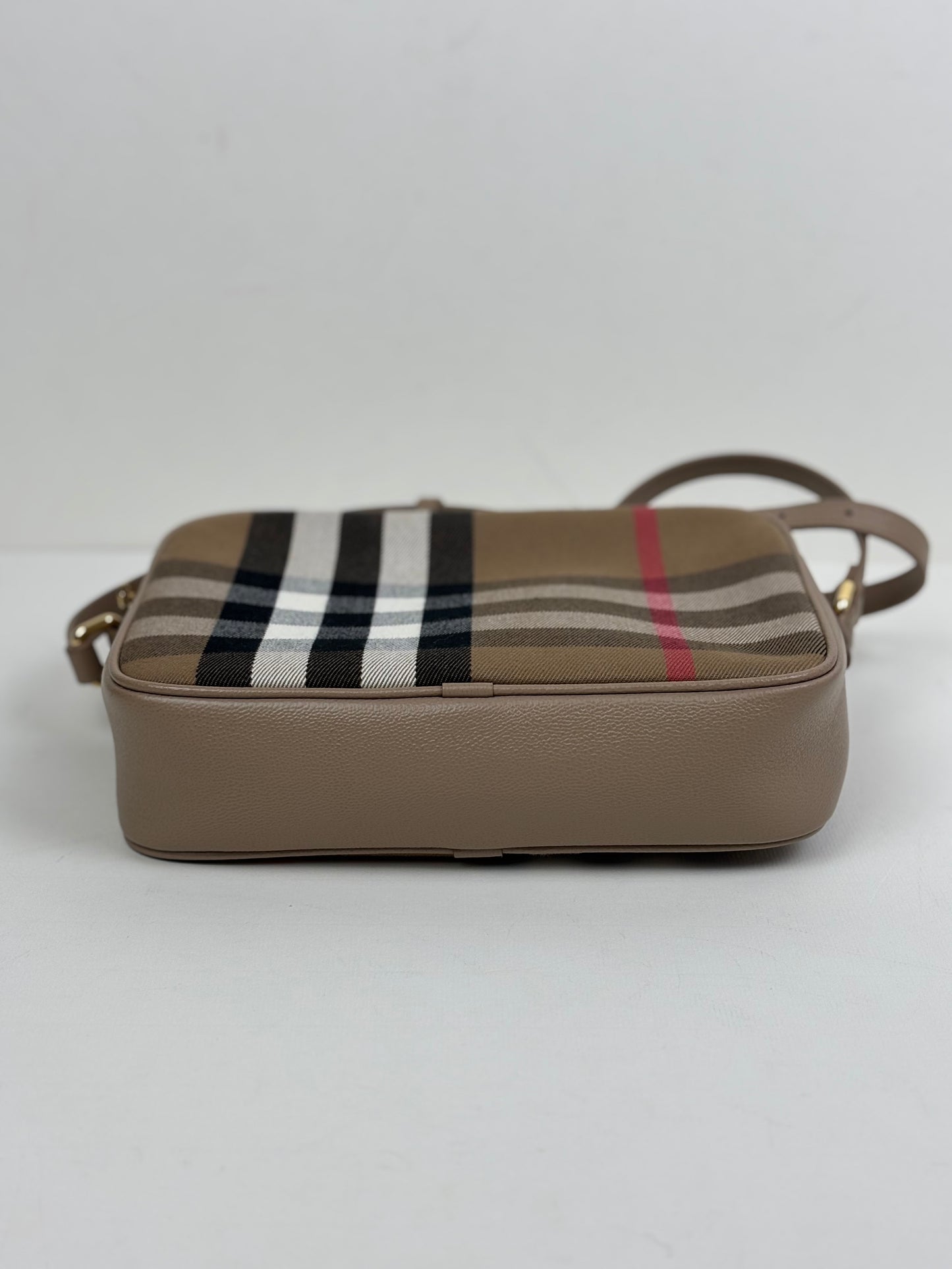Burberry Check Camera Bag in Chestnut Beige Leather and Canvas