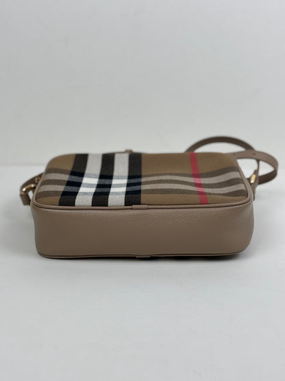 Burberry Check Camera Bag in Chestnut Beige Leather and Canvas
