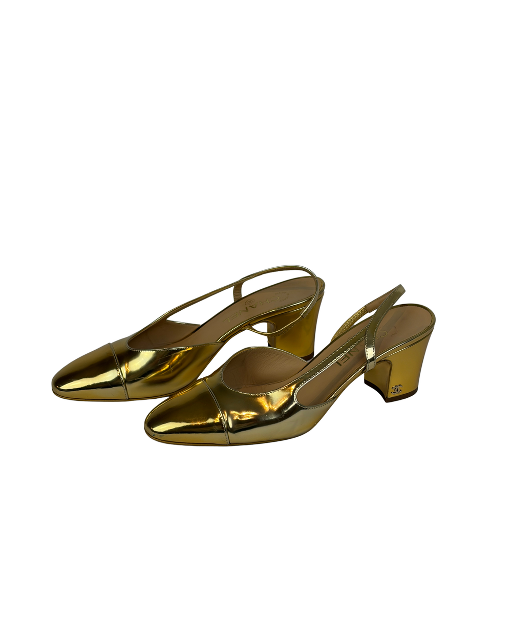Chanel Gold Metallic Leather Slingback Block Heel Pumps - 5.5 UK