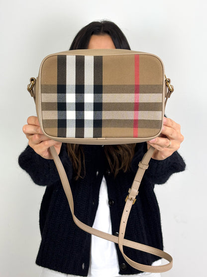 Burberry Check Camera Bag in Chestnut Beige Leather and Canvas