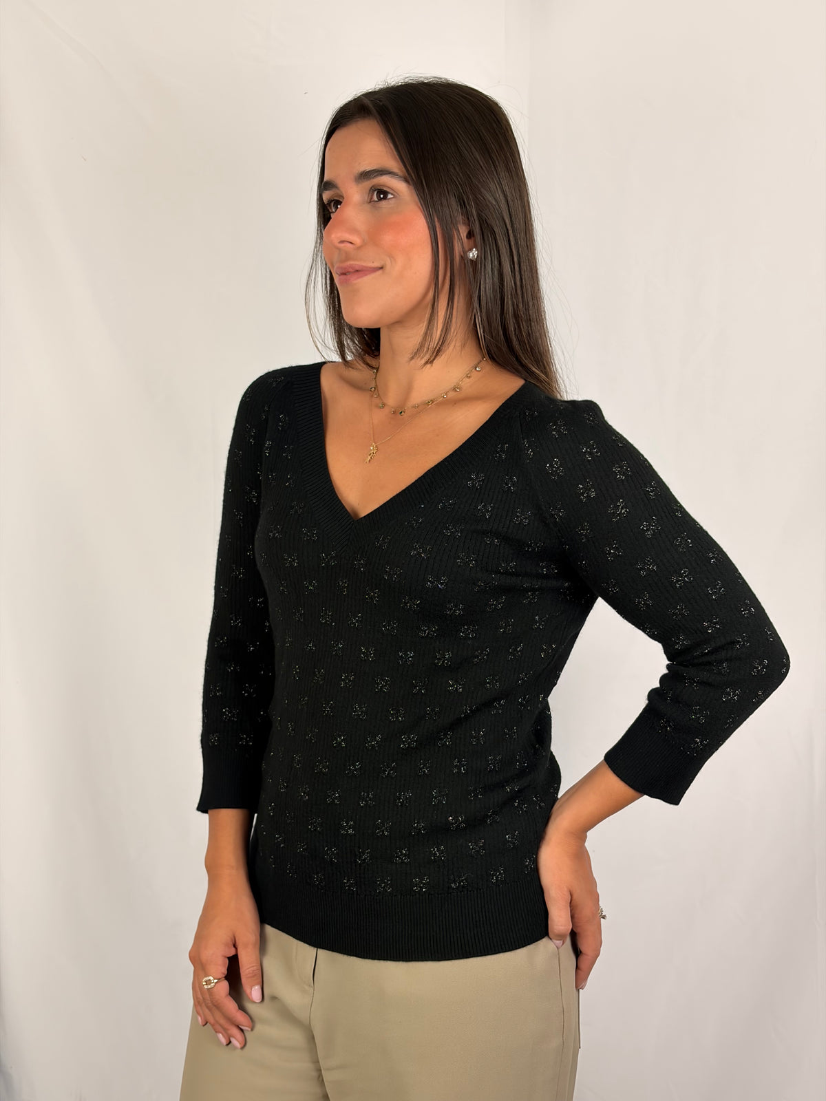 Chanel Black Cashmere Viscose Lurex Zig Zag Knit Top - 12 UK