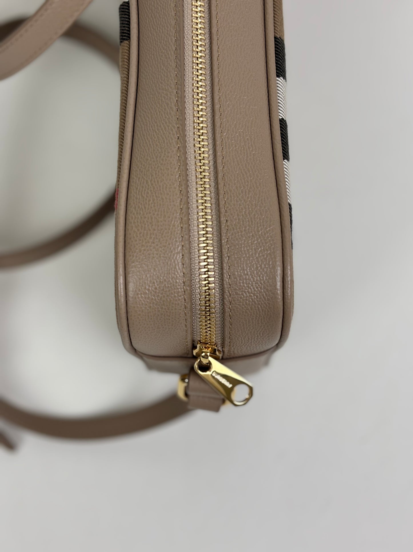 Burberry Check Camera Bag in Chestnut Beige Leather and Canvas