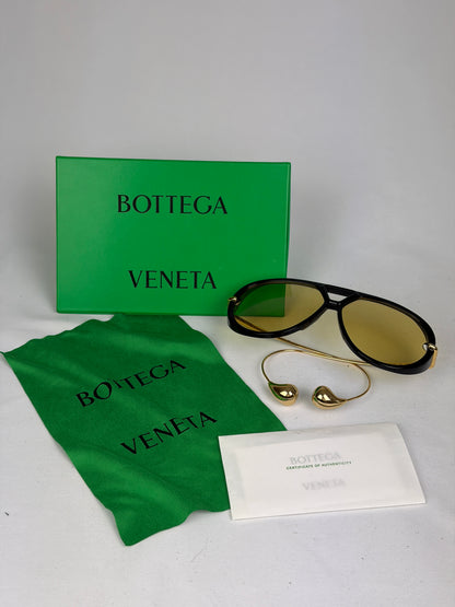 Bottega Veneta Aviator Sunglasses in Black and Gold with Yellow Lenses