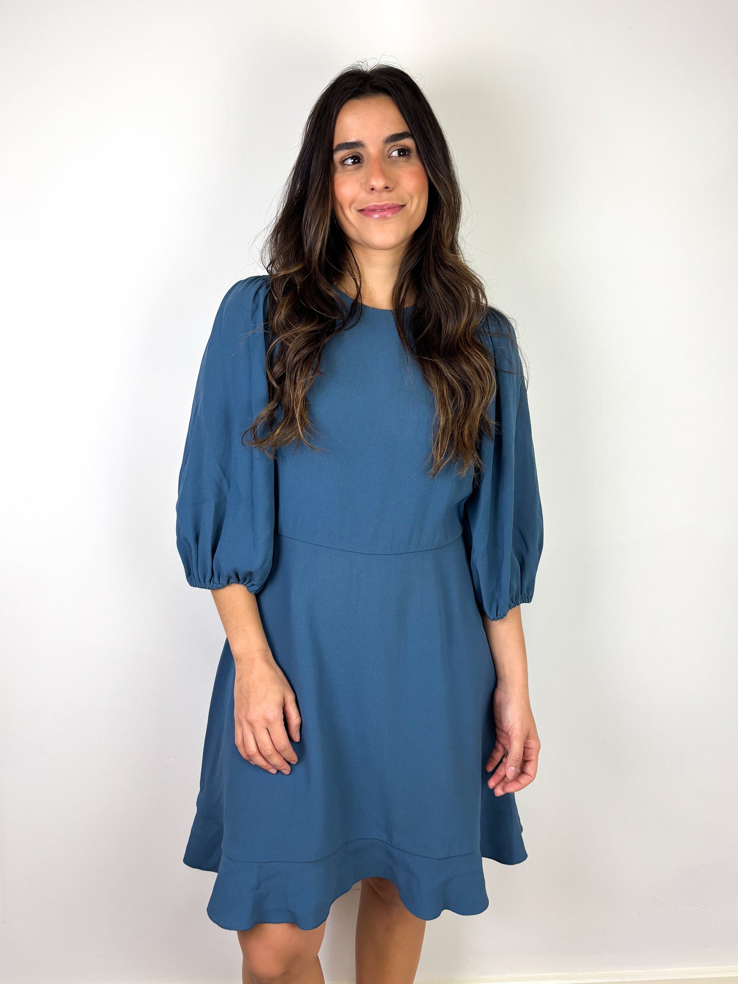 RED Valentino Smocked Puff-Sleeve Midi Dress in Petrol Blue Acetate-Viscose - 10 UK