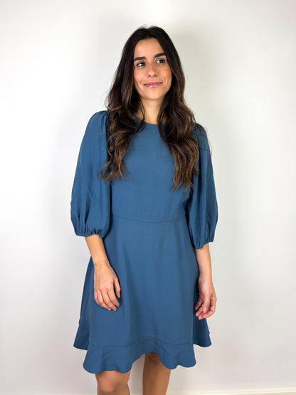 RED Valentino Smocked Puff-Sleeve Midi Dress in Petrol Blue Acetate-Viscose - 10 UK
