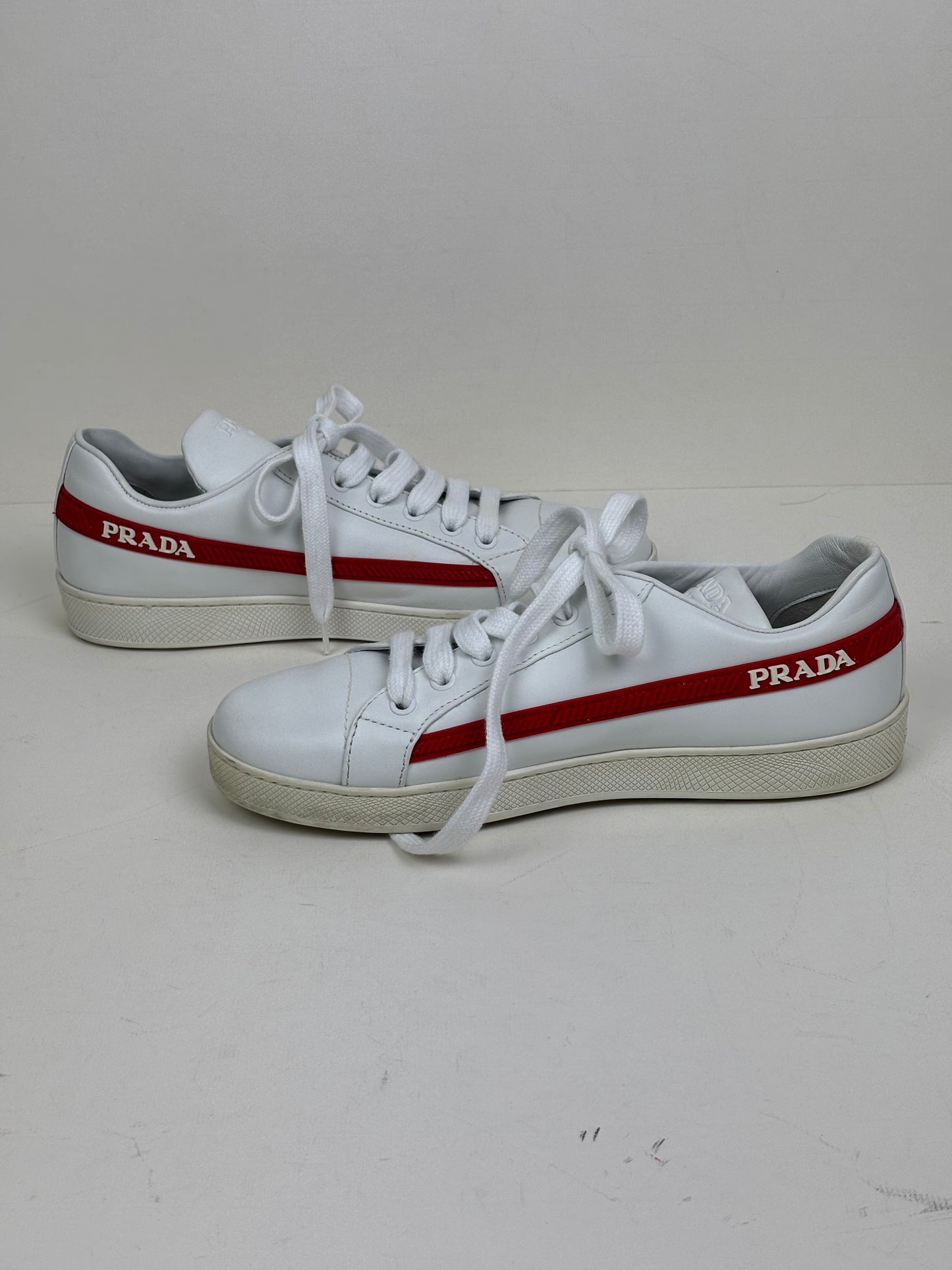 Prada Vitello Soft Leather Lace-Up Trainers White and Red - 5 UK