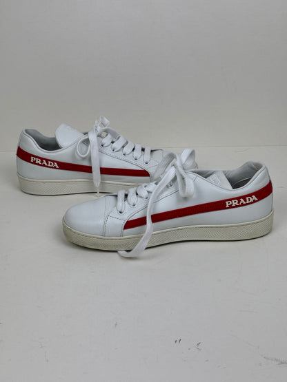 Prada Vitello Soft Leather Lace-Up Trainers White and Red - 5 UK