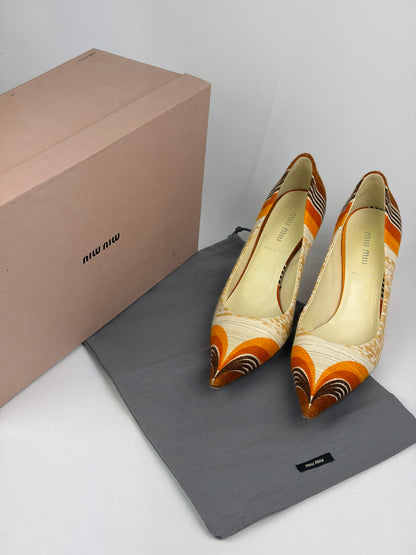 Miu Miu Multicolour Fabric Pointed-Toe Pumps, Orange/Brown/Beige — 5 UK