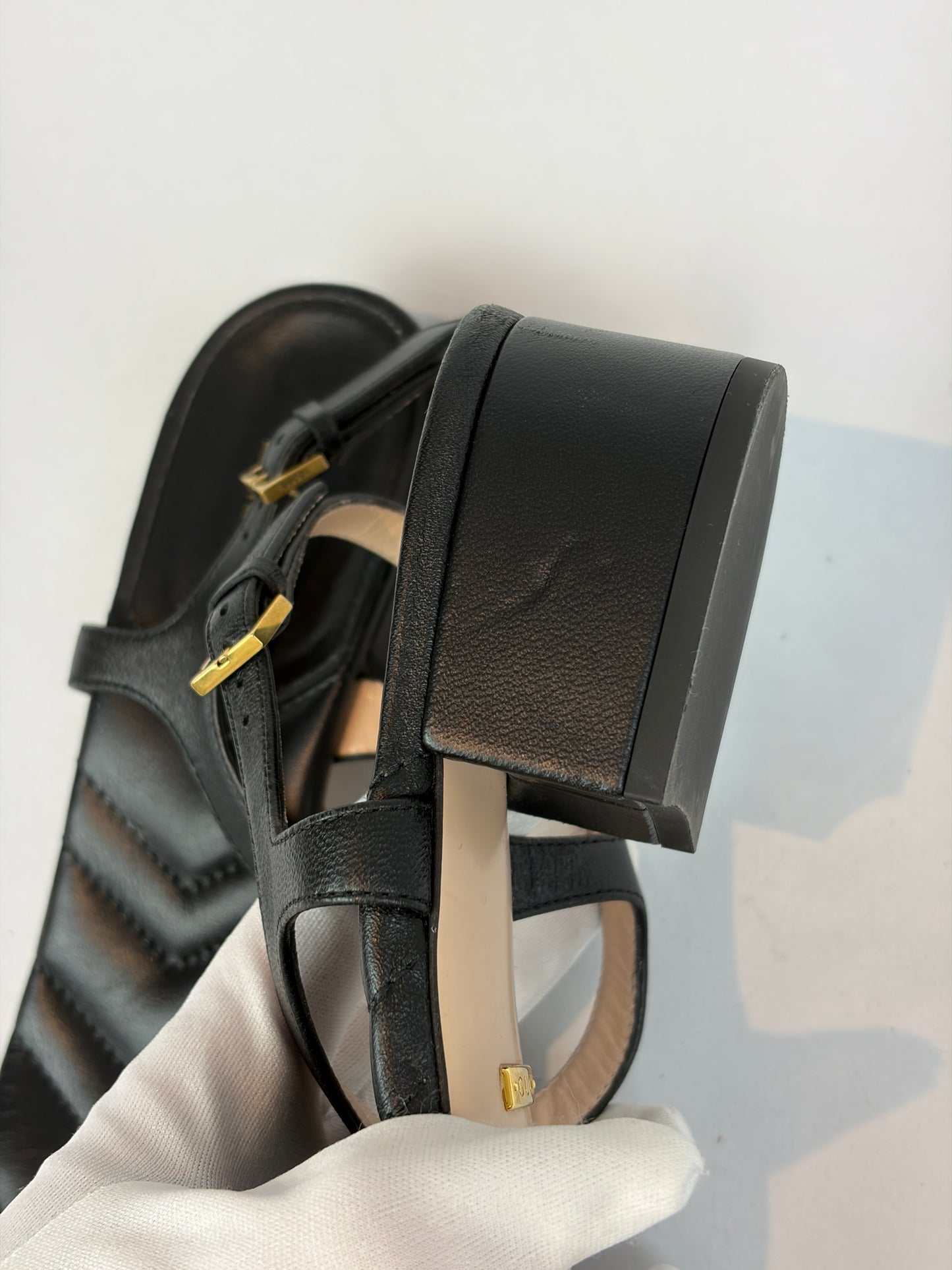 Gucci Marmont Black Leather Double G Buckle Flat Sandals - 5 UK