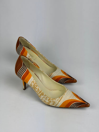 Miu Miu Multicolour Fabric Pointed-Toe Pumps, Orange/Brown/Beige — 5 UK