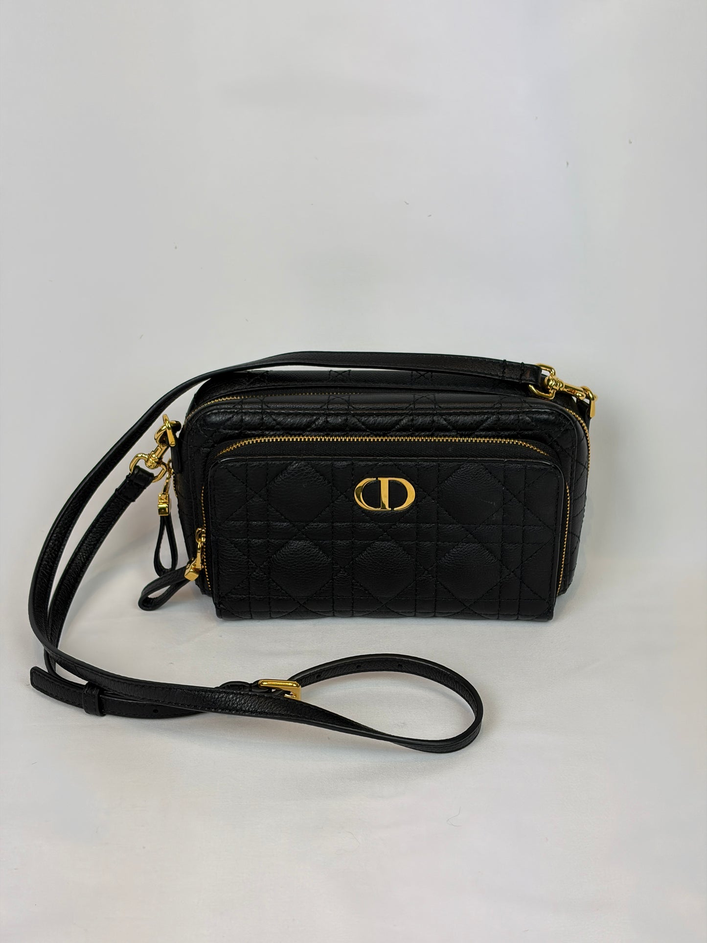 Christian Dior Black Cannage Leather Caro Double Pouch Crossbody Bag
