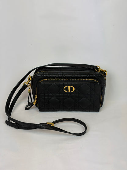 Christian Dior Black Cannage Leather Caro Double Pouch Crossbody Bag