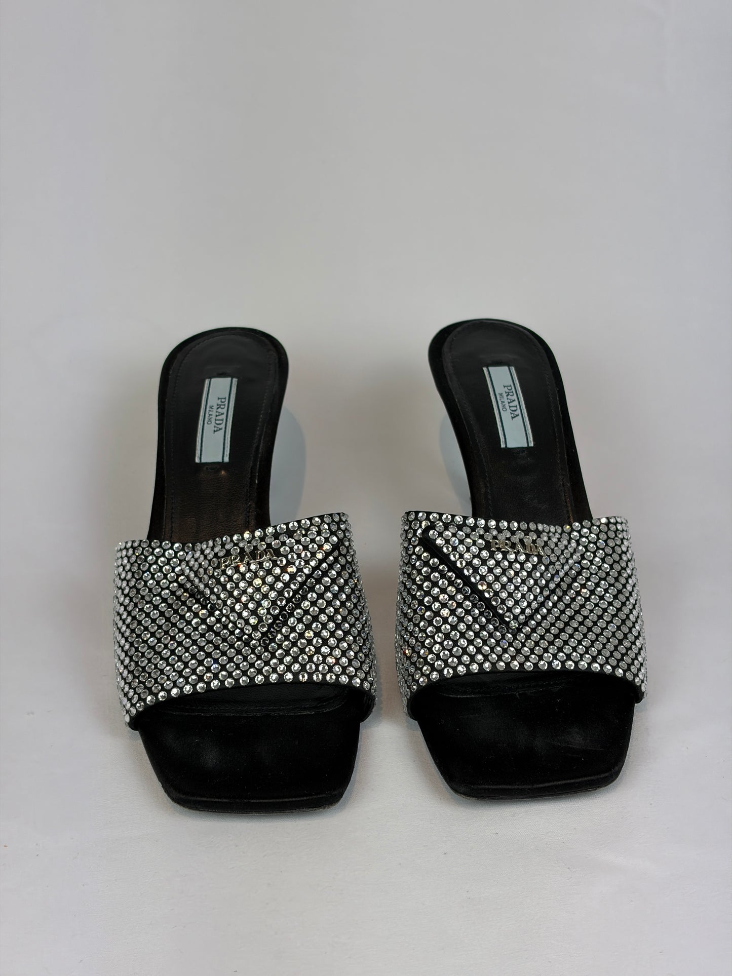 Prada Black Satin Crystal Embellished Kitten Heel Mules - Size 5 UK