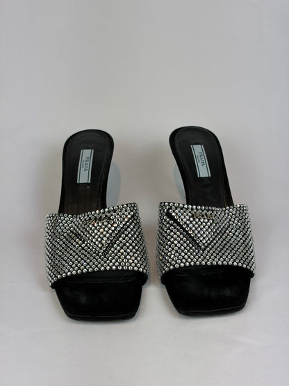 Prada Black Satin Crystal Embellished Kitten Heel Mules - Size 5 UK