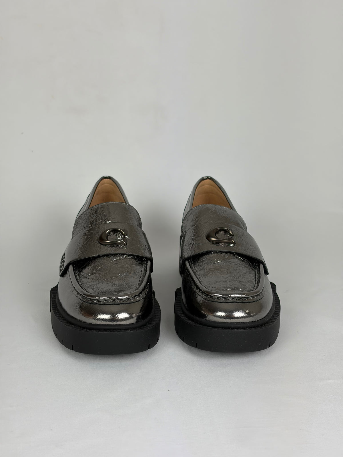 Coach Metallic Silver Leather C Hardware Loafers - 4.5 UK