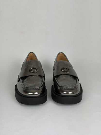 Coach Metallic Silver Leather C Hardware Loafers - 4.5 UK