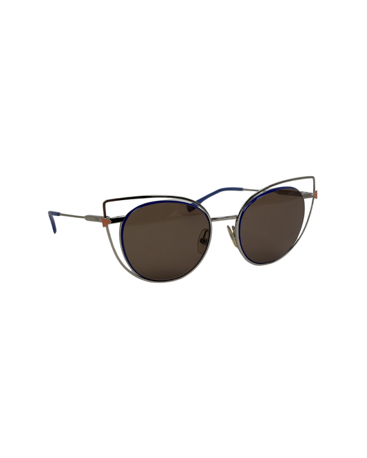 Fendi Eyeshine Round Metal Sunglasses with Blue Cat-Eye Frame Detail