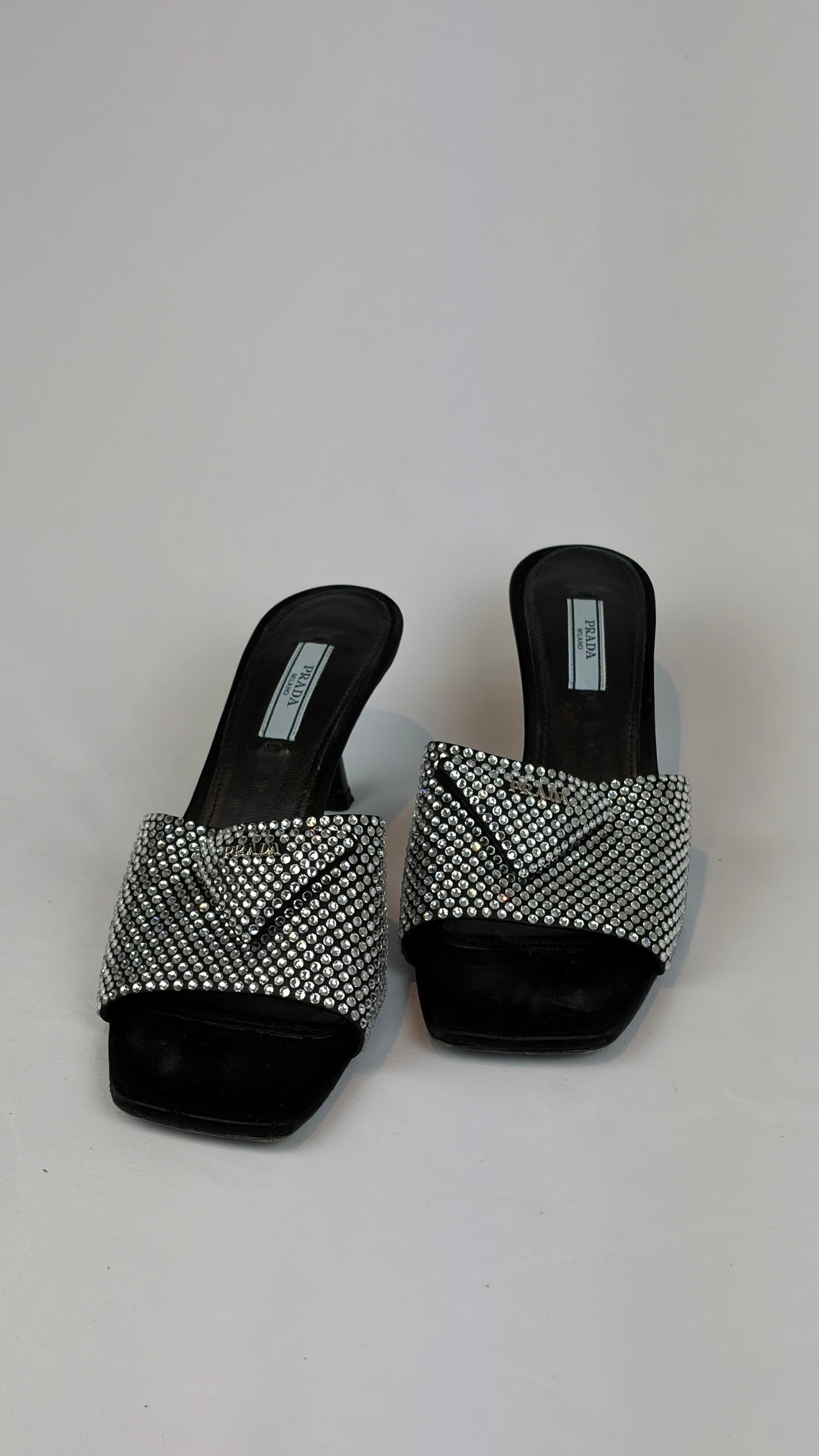Prada Black Satin Crystal Embellished Kitten Heel Mules - Size 5 UK