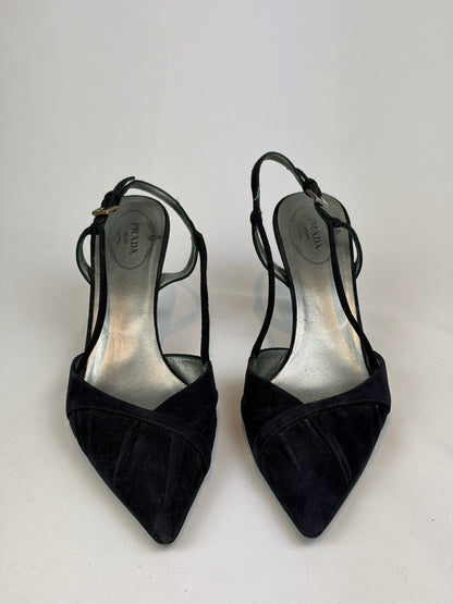 Prada Black Suede Strappy Slingback Heels - 5 UK