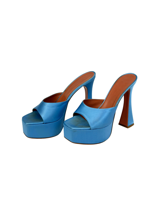 Amina Muaddi Blue Satin Platform Heeled Mules Price - 5.5 UK