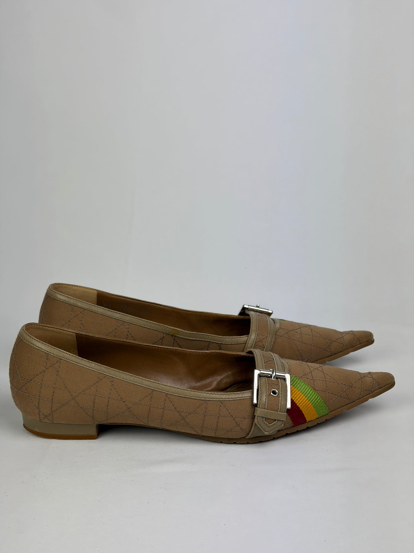 Dior Cannage Beige Pointed Flats with Buckle & Striped Detail - 6 UK