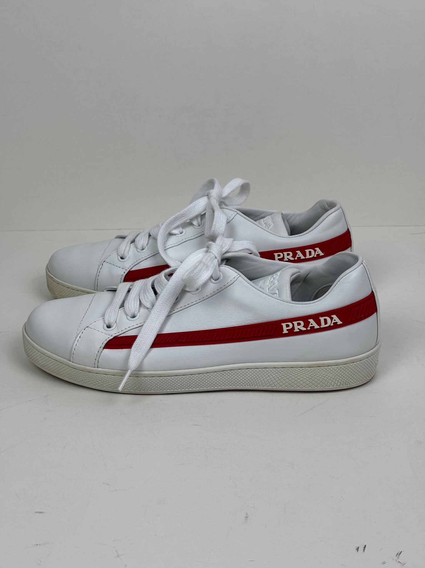 Prada Vitello Soft Leather Lace-Up Trainers White and Red - 5 UK