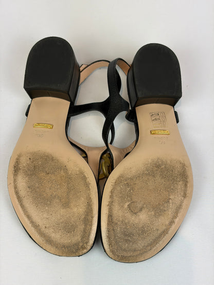 Gucci Marmont Black Leather Double G Buckle Flat Sandals - 5 UK