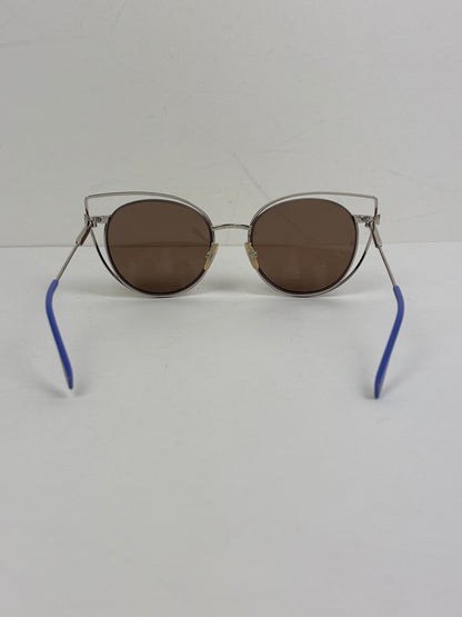 Fendi Eyeshine Round Metal Sunglasses with Blue Cat-Eye Frame Detail