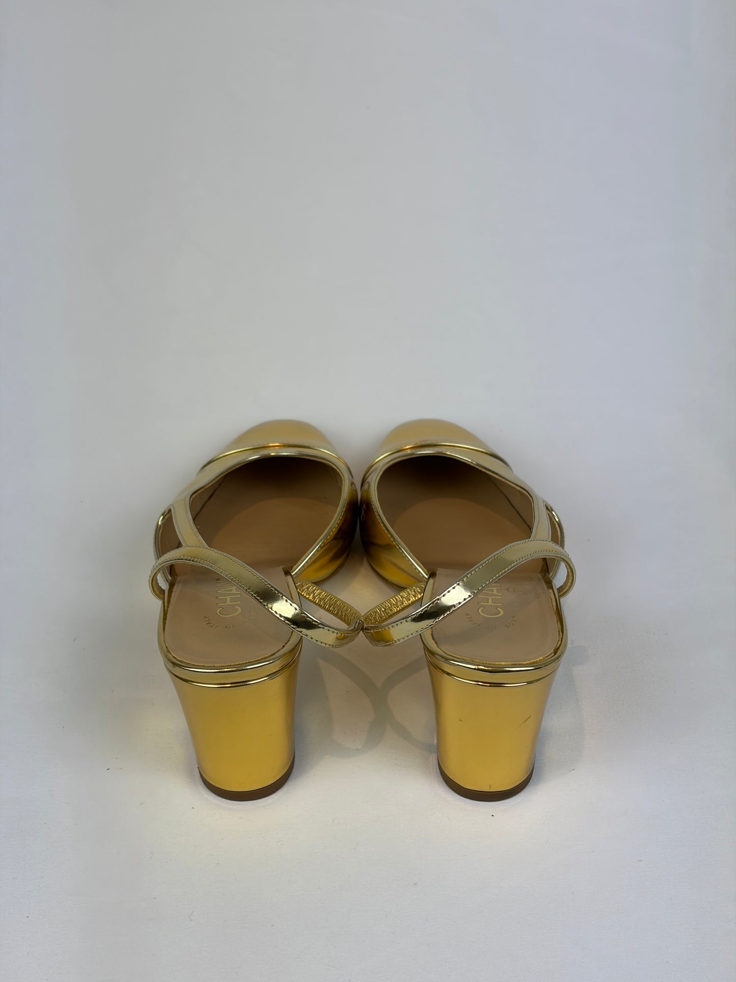 Chanel Gold Metallic Leather Slingback Block Heel Pumps - 5.5 UK