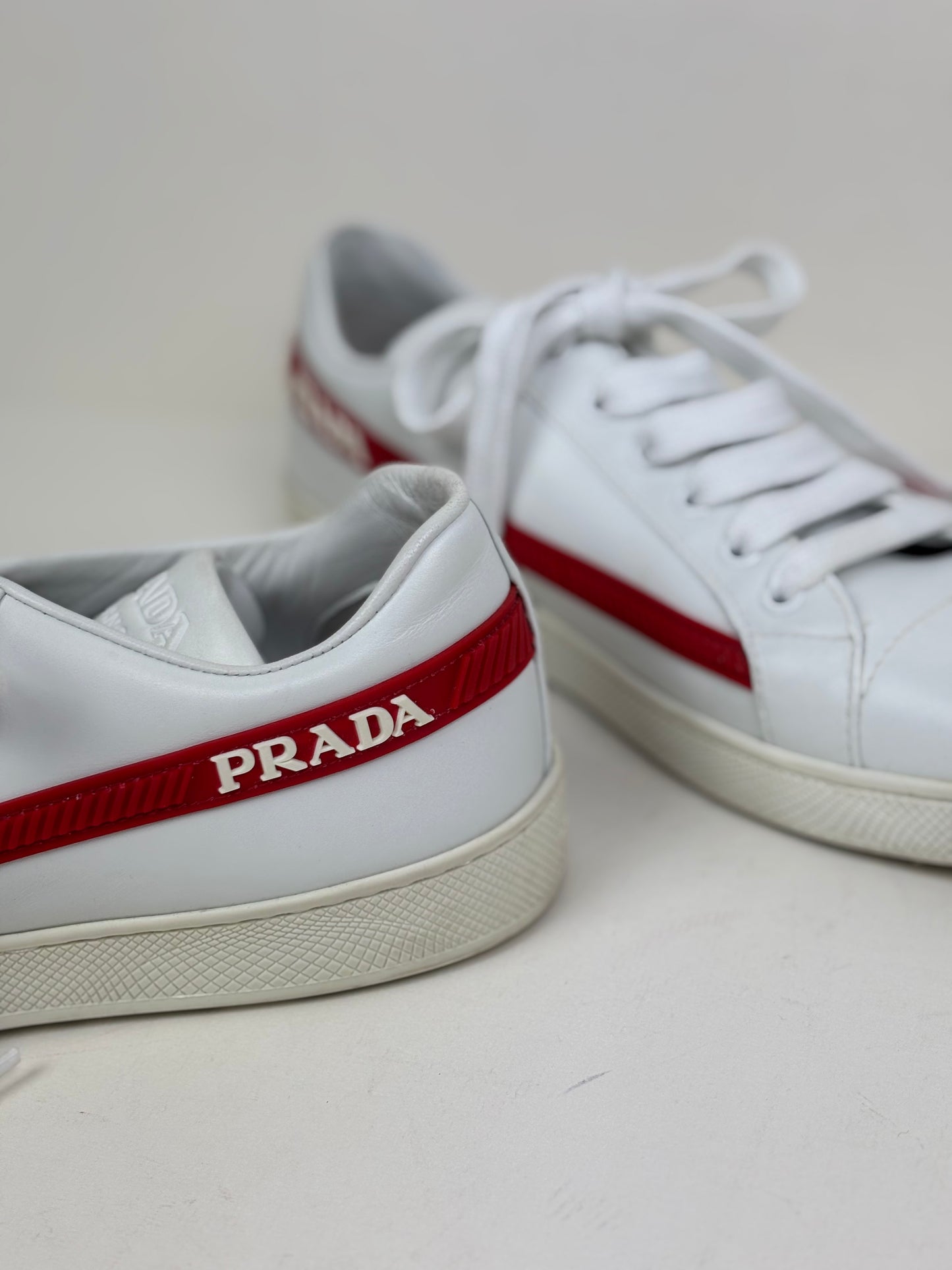 Prada Vitello Soft Leather Lace-Up Trainers White and Red - 5 UK