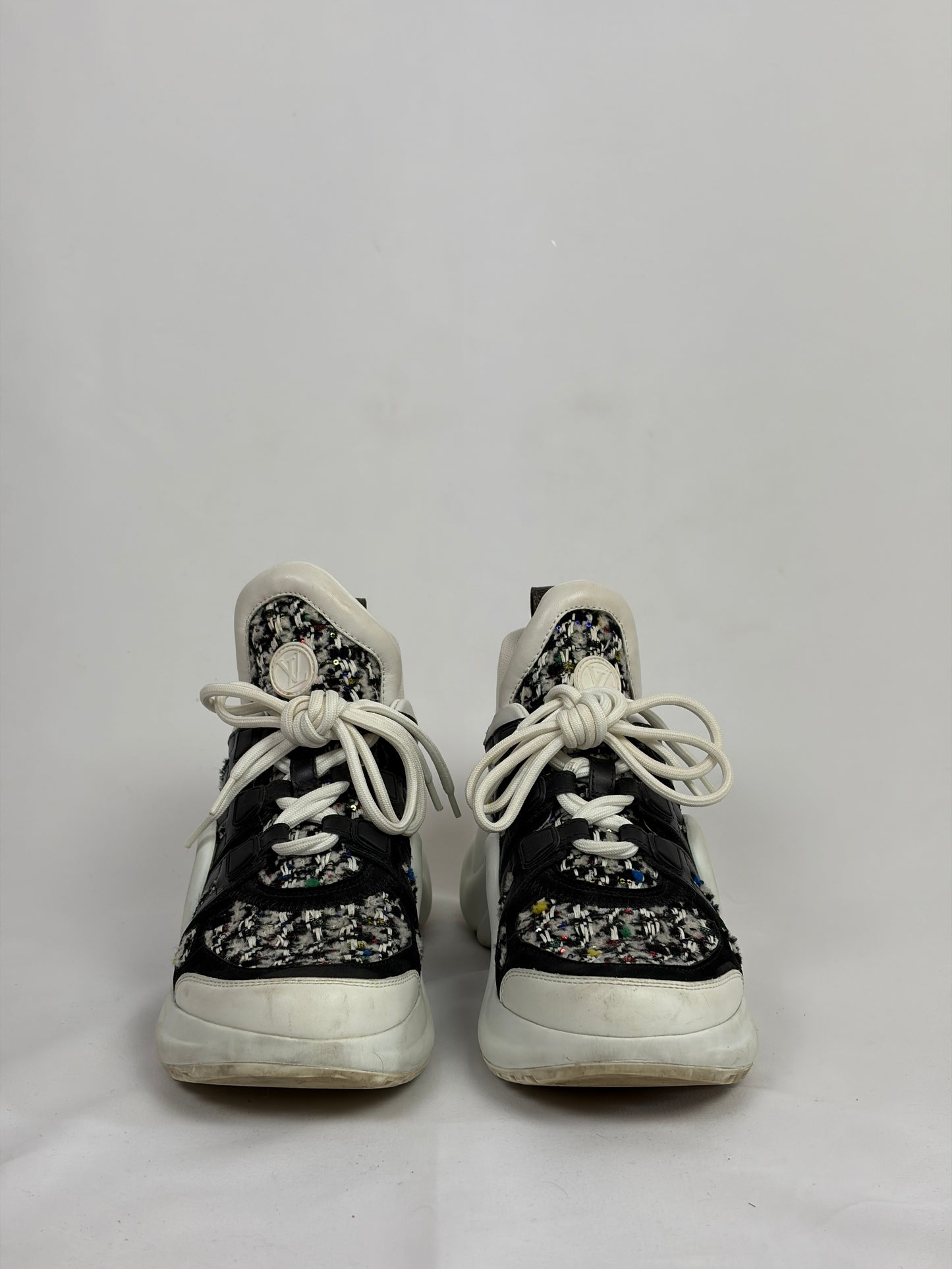 Louis Vuitton LV Archlight sneakers black and
white tweed-like fabric overlay