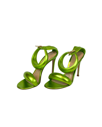 Gianvito Rossi Lime Green Metallic Leather Heeled Sandals - 4.5 UK