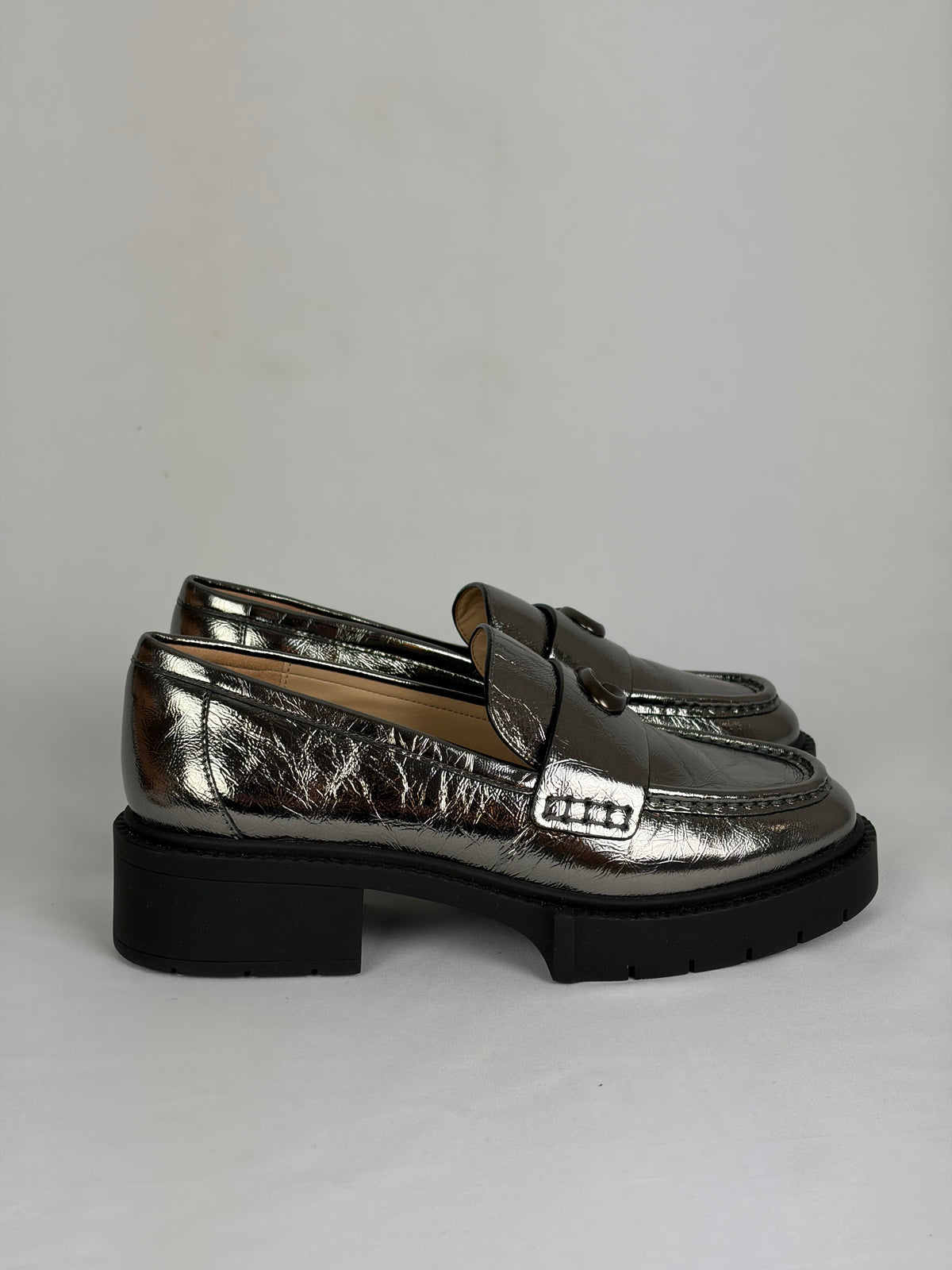 Coach Metallic Silver Leather C Hardware Loafers - 4.5 UK